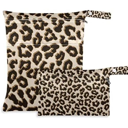 Qilmy 2pcs Leopard Wet Dry Bag Waterproof Reusable Baby Cloth Diaper Wet Dry Organizer for Travel, Beach, Stroller, Diapers, Wet Swimsuits, Toiletries
