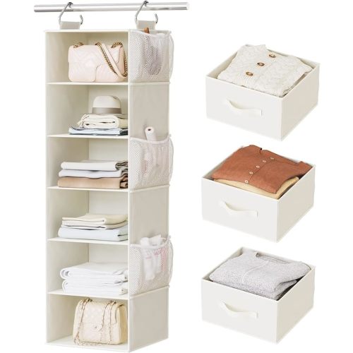 Pipishell Hanging Closet Organizer 6-Shelf, Hanging Shelves for Closet with 3 Removable Drawers & Side Pockets