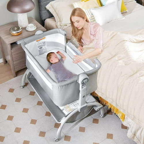 OLAKIDS 3 in 1 Baby Bassinet, Folding Bedside Sleeper Crib with Mattress Pad, Height Angle Adjustable, Portable Rocking Cradle with Wheels Storage Basket Travel Bag for Infant Newborn (Gray)
