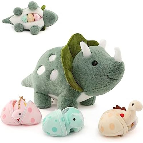 17.6in Plush Dinosaur Stuffed Animals,A Mommy Dinosaur with 3 Baby Dinosaurs,Triceratops, Tyrannosaurus Rex and Diplodocus.