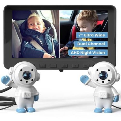 GROWNSY Baby Car Camera for 2 Kids, 7 in Ultrawide AHD Car Baby Monitor with 2 Camera, Night Vision