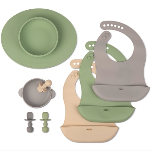 UpwardBaby Led Weaning Supplies - 8 Piece Set with Suctions Bowls and Plates - BPA Free - 100% Food-Grade Silicone - 6m+ - Green, Gray, Beige