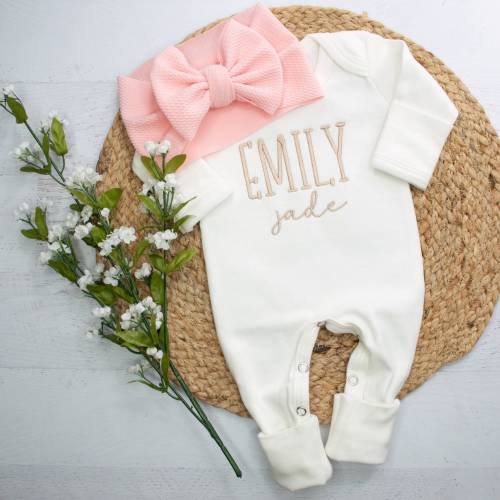 Personalized White and Tan baby embroidered romper with matching headwrap, Newborn outfit, Neutral baby coming home outfit, neutral baby fit