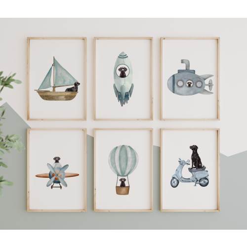 Black Labrador Nursery Print Set of 6 Gallery Art, Fun Dog Nursery Print Kids Room Decor, Unique Gender Neutral Black Lab Room Digital Art