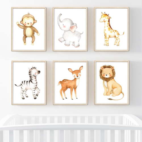 Koyal Wholesale Jungle Safari Theme Nursery Kids Room Unframed Hanging Wall Art Poster, 8.5x11-inch, Lion, Zebra, Giraffe, Deer, Elephant, Monkey Graphics, 6-Pack