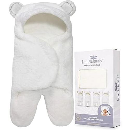 Jam Naturals- Baby Swaddle Blanket, Cute Bear Organic Receiving Swaddling Wrap, Gender Neutral Soft Newborn Baby Registry Gift (White 0-3m)