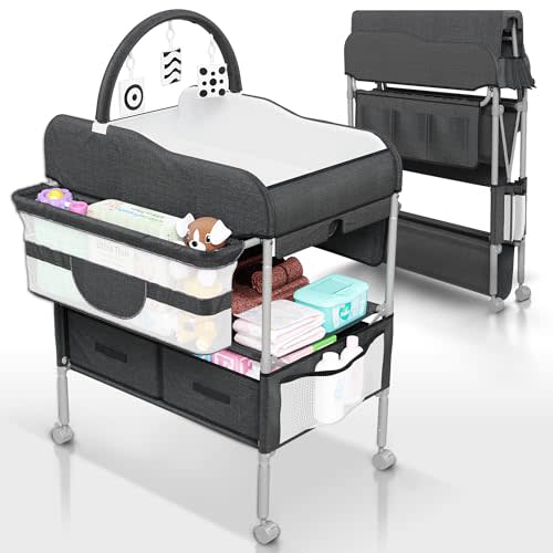 SpaceSlate Baby Changing Table Black with Storage - Collapsible Baby Diaper Changing Station with Toy Holder, Baskets - Diaper Changing Table for Small Spaces, Portable Changing Table for Baby