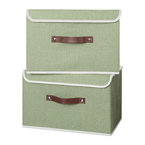 ANMINY 2PCS Storage Bins with Lid PU Leather Handles Storage Boxes PP Plastic Board Decorative Foldable Lidded Cotton Linen Fabric Home Cubes Baskets Closet Organizer Containers - Green, Large Size