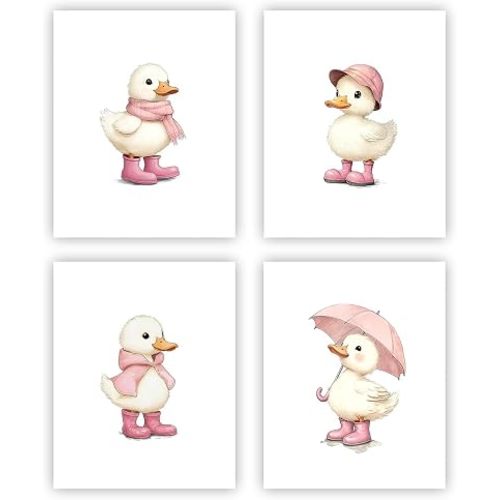 heilkee Cute Duck Nursery Decor for Baby Girl Pink Girly Wall Art Duck Prints Kids Room Bathroom Bedroom Set of 4(UNFRAMED 8x10in)