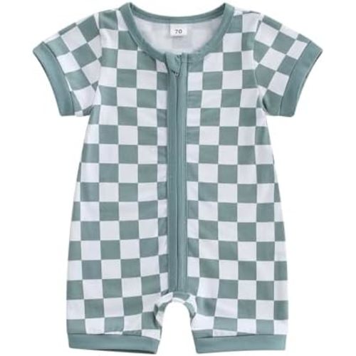 Newborn Baby Boy Girl Clothes Checkered Plaid Short Sleeve Zipper Romper Jumpsuit One Piece Bodysuit Summer Outfit