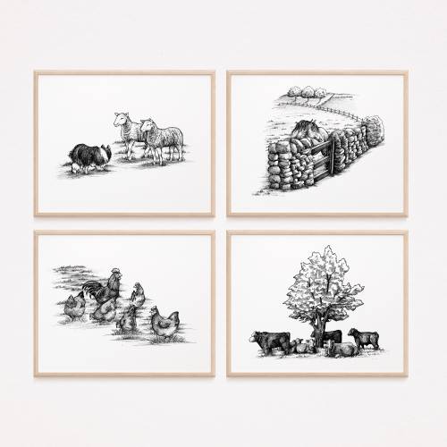 Vintage Farm Nursery Decor Set of 4 Printable Farm Nursery Art Farmhouse Art Print Collection Farm Animal Monochromatic Digital Art Print