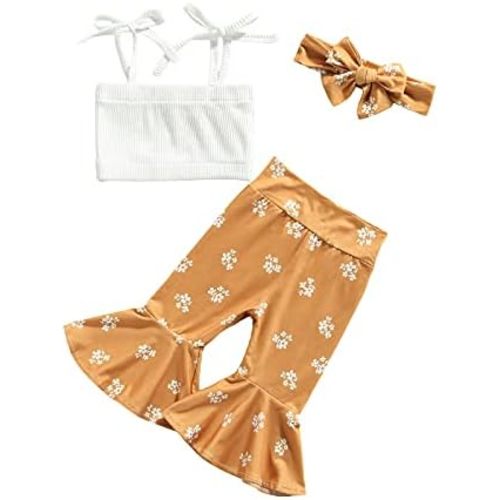 Newborn Baby Girl Sleeveless Ribbed Strap Crop Top Tie Dye Print Bell Bottom Pants Headband 3Pcs Summer Outfit