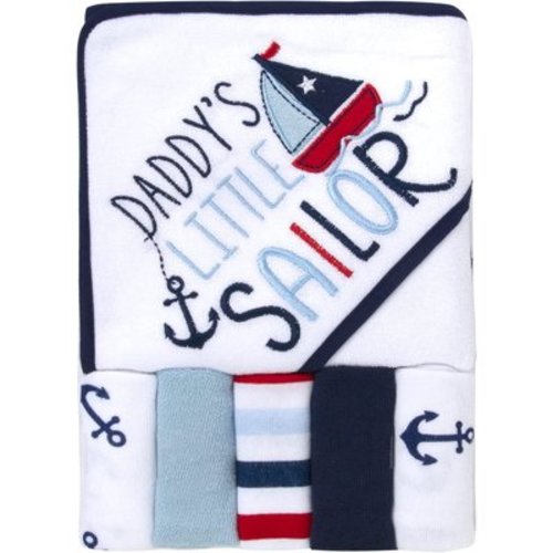 Baby Essentials 6 Piece Embroidered Hooded Cotton Bath Towel and Washcloth Set for Infants, Newborns and Toddlers 6 – 12 Months for Bath Time, Showers, Lounge, Beach and Pool in Daddy's Little Sailor