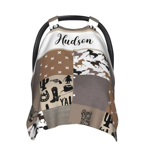 Personalized Baby Car Seat Canopy for Babies, Custom Name Car Seat Covers for Boys and Girls, Opening Minky Nursing Breastfeeding Cover for Infant, Carseat Canopies for Newborn (Cowboy)