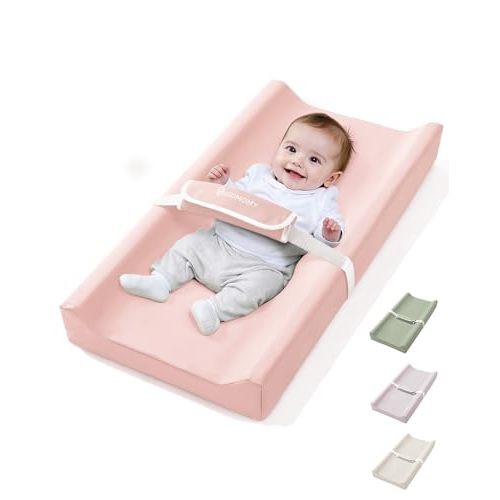 COMOMY Baby Changing Pad with Wipeable & Waterproof PU Cover, Contoured Diaper Changing Pad for Dresser with Non-Slip Safety Belt, Portable and Lightweight, Large Cushioned Foam, Pink