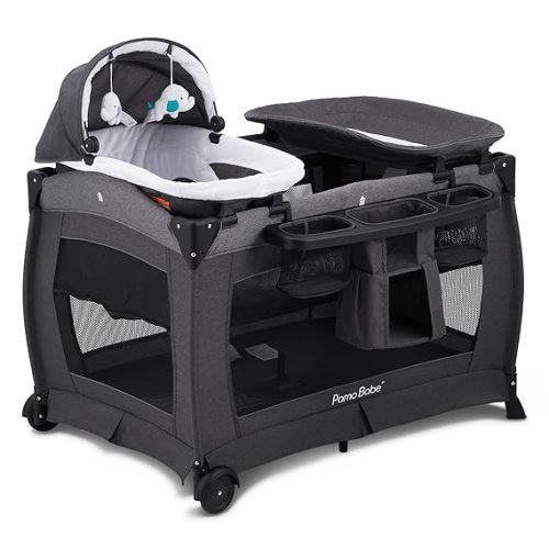 Pamo Babe Deluxe Nursery Center, Foldable Playard for Baby & Toddler, Bassinet, Mattress, Changing Table for Newborn(Black) - Playpen