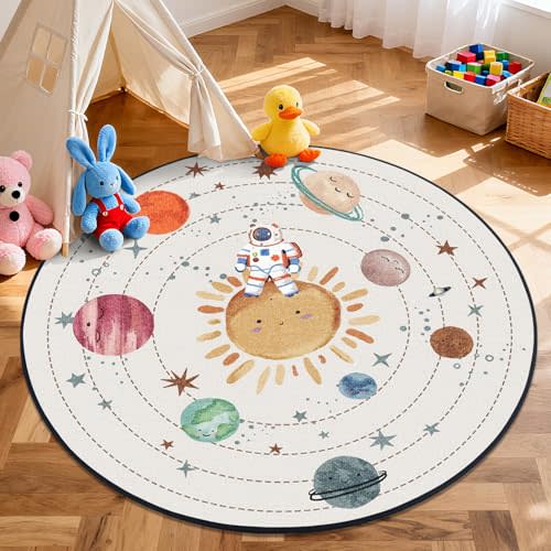 Solar System Planet Theme Carpets for Kids Bedrooms,5ft Non-Slip Space Round Rugs for Baby,Circle Area Rug for Boys Girls Playroom,Educational Crawling Rug for Classroom