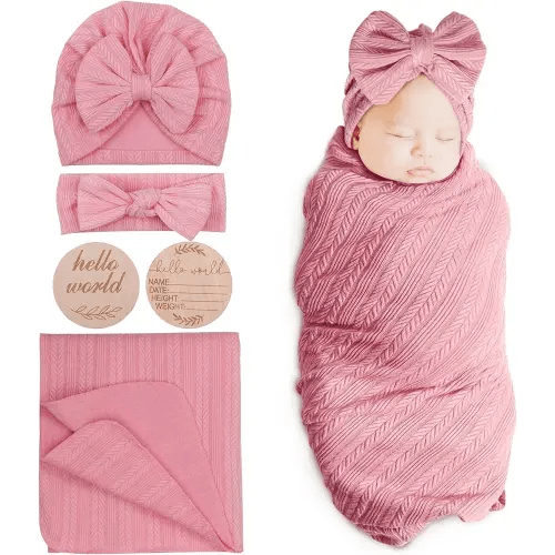 DRESHOW BQUBO Baby Swaddle Blankets for Girls, 4PCS Newborn Accessories Set with Hat and Bow Headband with Hello World Wooden Birth Announcement Card, Baby Blankets for Girls