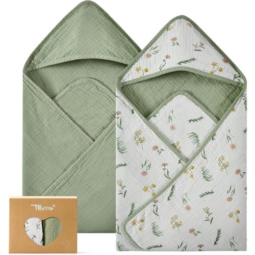TILLYOU Muslin Hooded Baby Towels for Newborn 2 Pack, 32x32Inch Soft Baby Bath Towel Highly Absorbent for Newborn and Infant, Essential for Newborn Care, Daisy