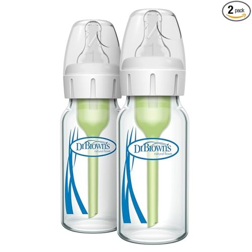 Dr. Brown's Natural Flow Anti-Colic Options+ Narrow Glass Baby Bottle, 4 oz/120 mL, with Level 1 Slow Flow Nipple, 2 Pack, 0m+
