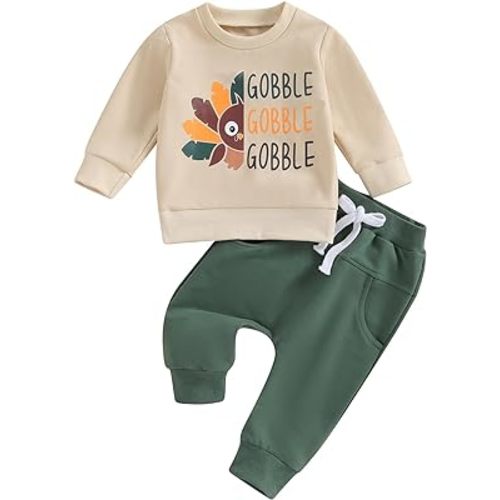 Outfit 6-12 Months - Baby Girl Boy Clothes - Thanksgiving Gobble Beige - Top+Pants Set