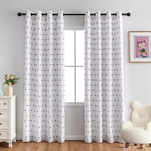 MYSKY HOME 100% Blackout Curtains for Girls Bedroom 84 Inches Long Total Light Blocking Curtains for Living Room 2 Panels Grommet Room Darkening Window Drapes with Purple Pom Pom Sheer 52W x 84L