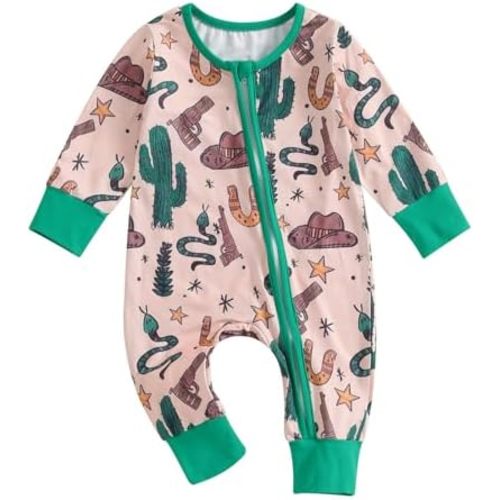 SAYOO Western Baby Cowboy Clothes Neutral Zipped Fall Romper Outfit for Boy Girl Infant Lapel Cow Print One-piece Jumpsuit