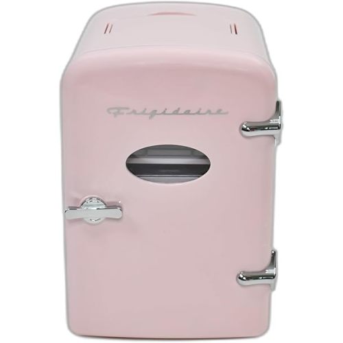 Frigidaire Pink Mini Personal Fridge Cooler, 1 Gal Capacity fits Six Cans, Includes Plugs for Home Outlet & DC Charger - 9.84" D x 7.09" W x 10.35" H
