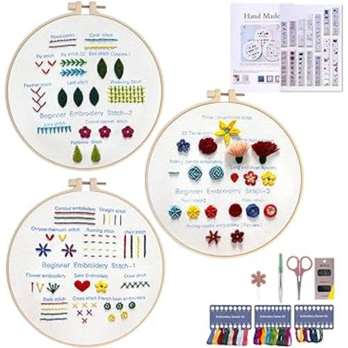 3 Sets Embroidery Starter Kit with Pattern and Instructions, Cross Stitch  Set, Stamped Kits Clothes Pattern, 1 Hoops