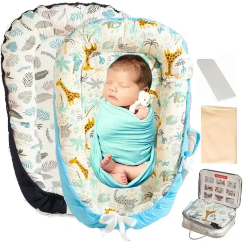 Infant Lounger – Baby Lounger, Breathable & Portable Baby Nest with Exra Covers- Upgraded Zipper, Pure Cotton Bumper & Flexible Ties, Perfect for Travel, Baby 0-12 Months