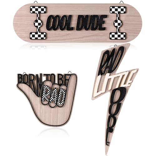 Briwooody 3 Pcs Wood Plaque Sign Rad Little Dude Wood Wall Hanging Tags Cool Nursery Decor Born to Be Dude Wall Sign Gifts for Room Dorm Playroom, Black and White Checked