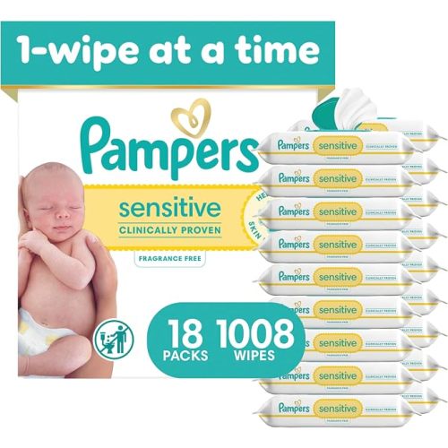 Pampers Sensitive Baby Wipes, Water Based, Clinically Proven, Hypoallergenic, and Unscented for Babies, 1008 Wipes Total (12 Flip-Top Packs) [Packaging May Vary]
