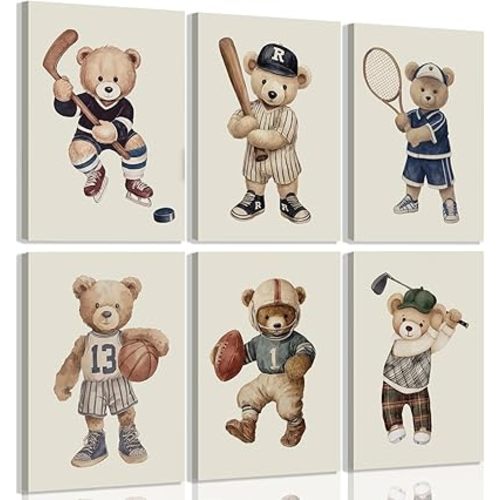 6Pcs Teddy Bear Sports Wall Art Vintage Animal Nursery Wall Decor 8X10in Canvas