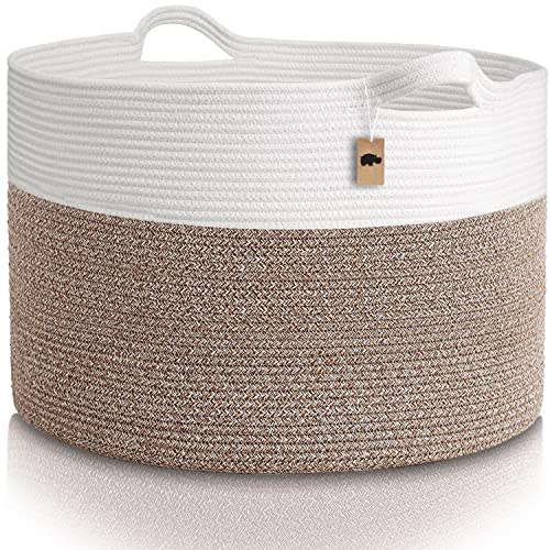 Little Hippo XXXL Large Cotton Rope Basket (22"x14") 100% Natural Cotton! Rope Basket, Woven Storage Basket, Large Basket, Blanket Basket Living Room, Toy Basket, Pillow Basket (White & Brown)
