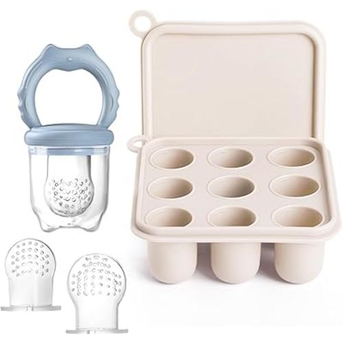 Silicone Baby Food Feeders & 1 Baby Food Freezer Tray & 2 Extra Pouches- Safe Introduction to New Foods, Frozen Milk & Puree - Ideal for Infants and Toddlers