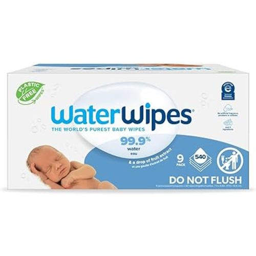 WaterWipes Plastic-Free Original-baby Wipes, 99.9% Water Based Wipes, Unscented & Hypoallergenic for Sensitive Skin, 60 Count (Pack of 9) Total 540 wipes, Packaging May Vary