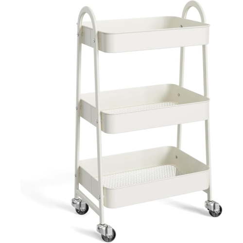 TINKLE WELL Multi-Purpose Rolling Utility Cart, 3-Shelf Duty Metal Organizer with Locking Wheels and Handle, Mobile Storage for Home Kitchen, Bathroom & Office, White
