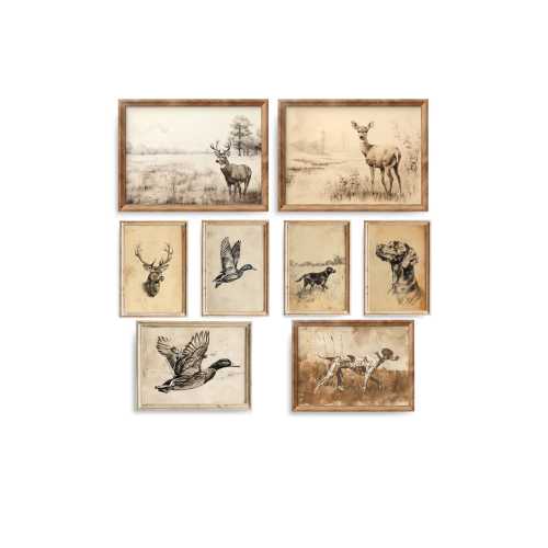 Boys Room Wall Art Bundle, Hunting Decor, Cabin Artwork, Rustic Vintage Animal Sketch, Deer Duck Dog Digital Download Printable Nursery Art