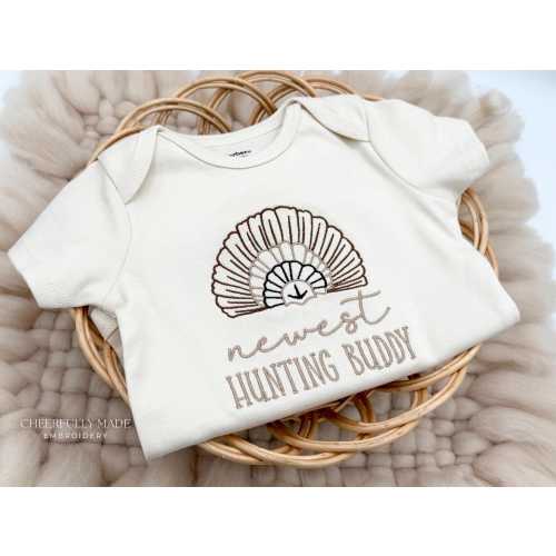 Embroidered Turkey Fan Newest Hunting Buddy, Turkey Hunting Bodysuit, Pregnancy Announcement to Husband, Turkey Trophy Baby Announcement