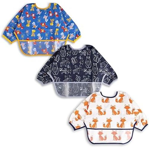 Baby Noah 3 Pack Long Sleeve Bib, Toddler Mess Free & Waterproof Shirt Bibs, Reusable Bib with Pocket, Adjustable Fits Ages 6-24 Months