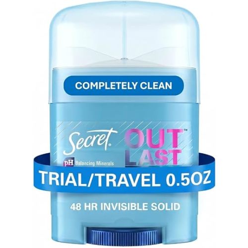 Secret Outlast Antiperspirant Deodorant for Women, 72hr Sweat & Odor Protection, PH Balancing Minerals, Invisible Solid, Completely Clean Scent, Travel Size, 0.5 oz