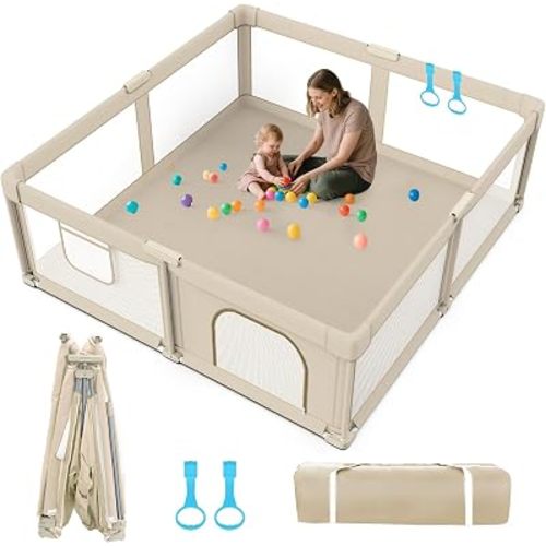 79"x71", Beige, Foldable Baby Playpen, Super Large Playpen