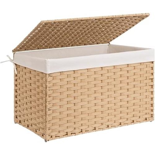 StorageWorks Storage Basket with Lid, 160 Liter Storage Box, Wicker Blanket Storage Basket with Handles, Foldable, Removable Fabric Liner, Metal Frame, For Bedroom, Laundry Room, Natural