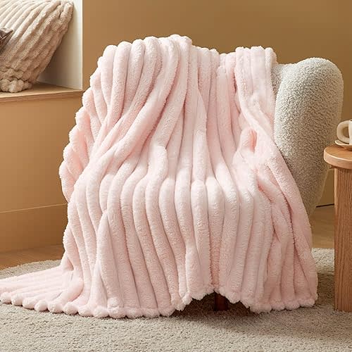 Bedsure Pink Throw Comfort Blanket for Bed - 350GSM Super GentleSoft Fluffy Fuzzy Cozy Plush Blankets for Women Mom, Cute Small Fleece Throws for Girls, 50x60 Inches, Wider Striped Design