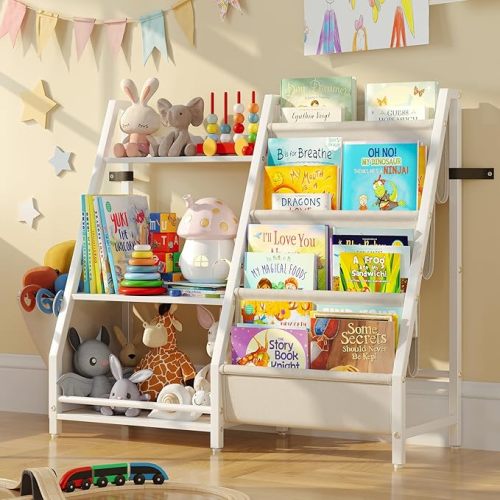 Kids Bookshelf and Toy Storage Organizer, 2 in 1 Montessori Toddler Book Shelf for Kids Rooms, Nursery Bookcase, Easy Assembly, Includes Extra Side Pockets 11.8" D x 33.4" W x 29.5" H (White)