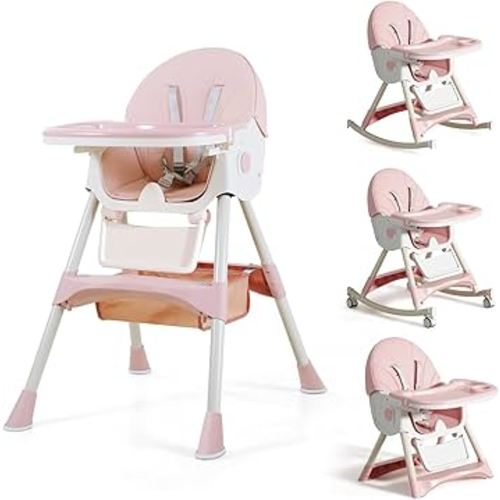 Convertible Baby High Chair with Removable Tray, Safety Belt, Footrest and Wheels, 4-in-1 Foldable Toddler High Chair, Pink