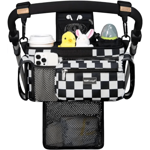 TOPDesign Universal Baby Stroller Organizer, Stroller Caddy with Detachable Mesh Bag & Heightened Insulated Cup Holders & Non-Slip Secure Hooks Accessories, Fits Most Strollers (Checkerboard)