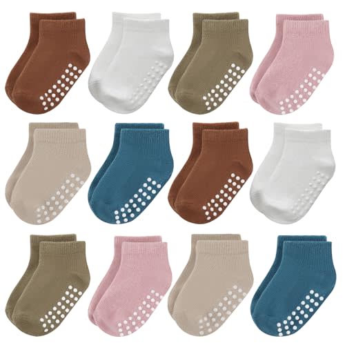 JAKIDAR 12-Pair Baby Socks Non-Slip Cotton Toddler Socks Ankle Socks for Baby Toddler Kids