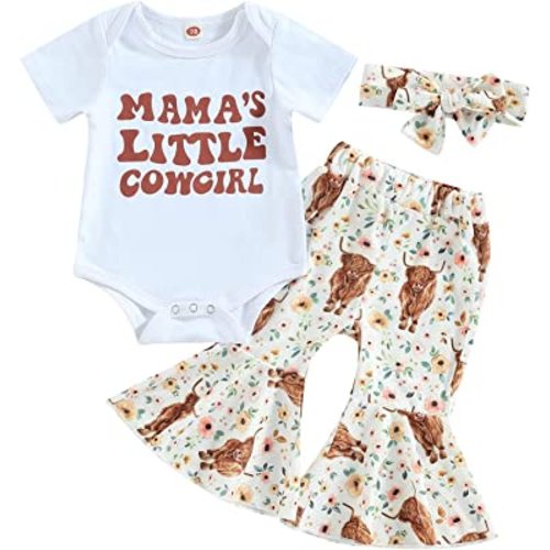 Lamuusaa Western Baby Girl Clothes Short Sleeve Romper Cow Print Flared Pants Bell Bottoms Headband 3Pcs Summer Outfit