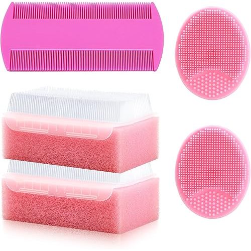 Cradle Cap Brush for Babies, 5Pcs Cradle Cap Treatment Set with Soft Bristle Brushes Silicone Scrubber Fine-Tooth Comb for Newborn Bathing Essentials Baby Brush and Comb Set (Pink)